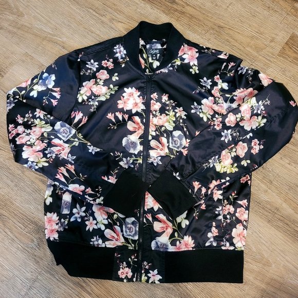 City Streets Jackets & Blazers - Pink and Black Floral Bomber Jacket Junior Size